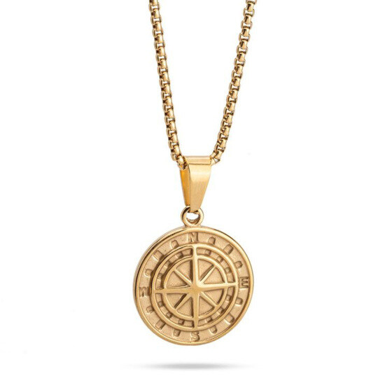 14K Gold Hidden Message Compass Coin Necklace for Men