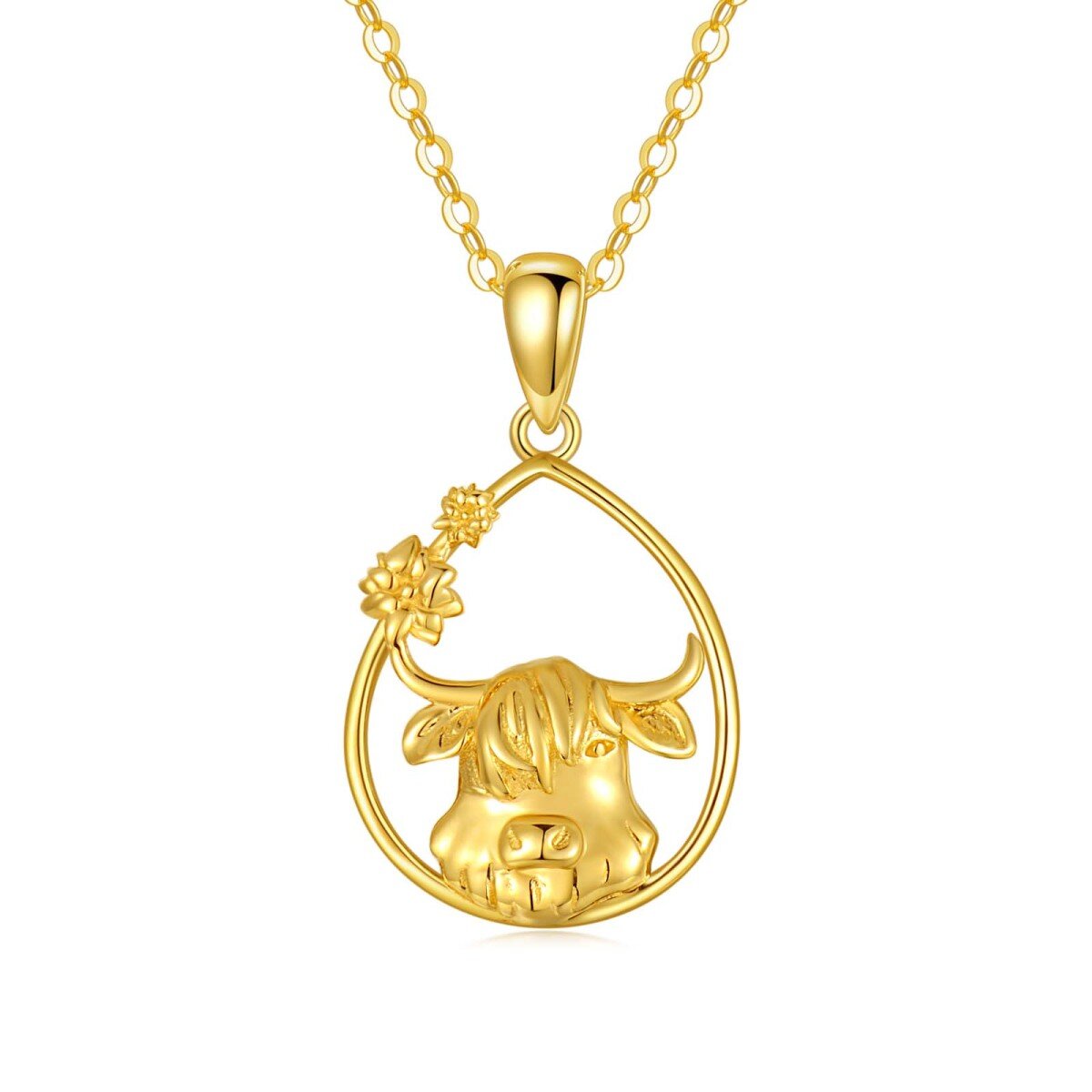 Collier en or 14K avec pendentif en forme de goutte et vache des Highlands-1