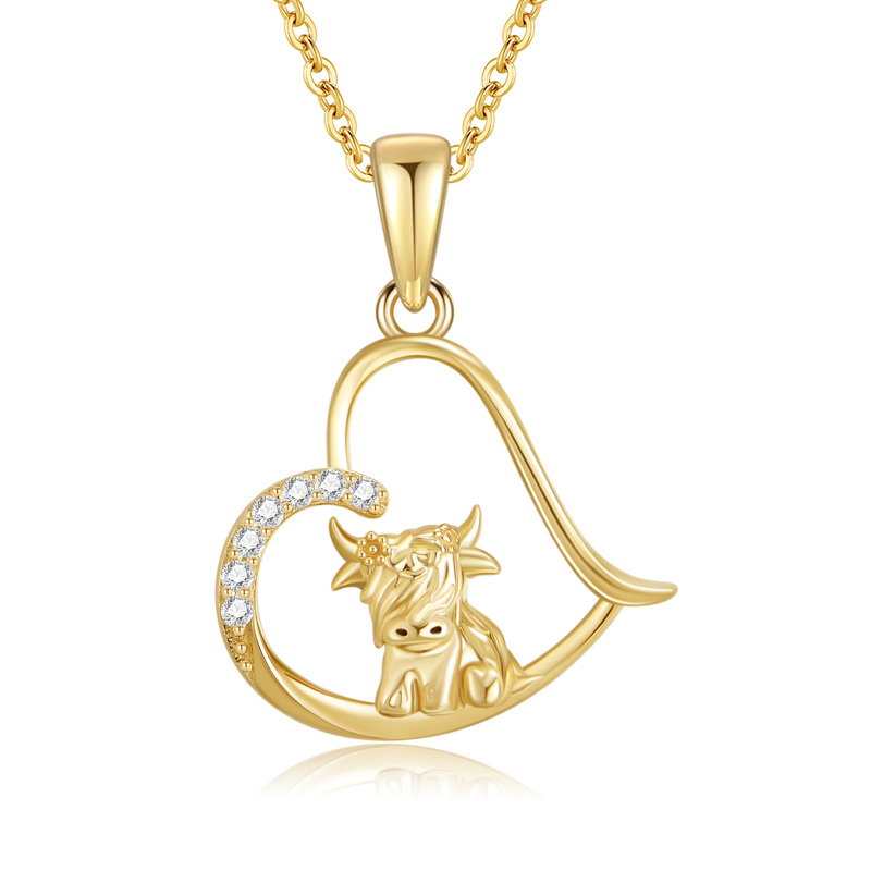 10K Gold Cubic Zirconia Highland Cow & Heart Pendant Necklace-1
