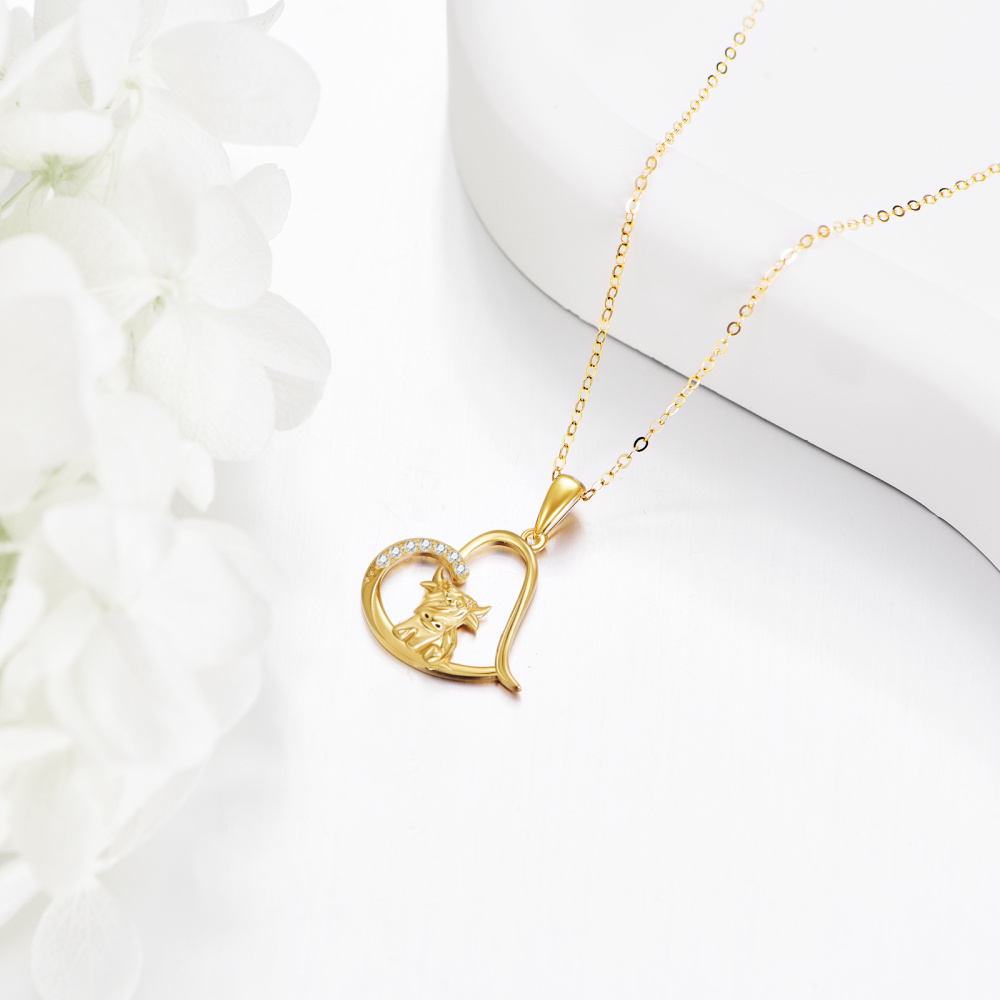 10K Gold Cubic Zirconia Highland Cow & Heart Pendant Necklace-3