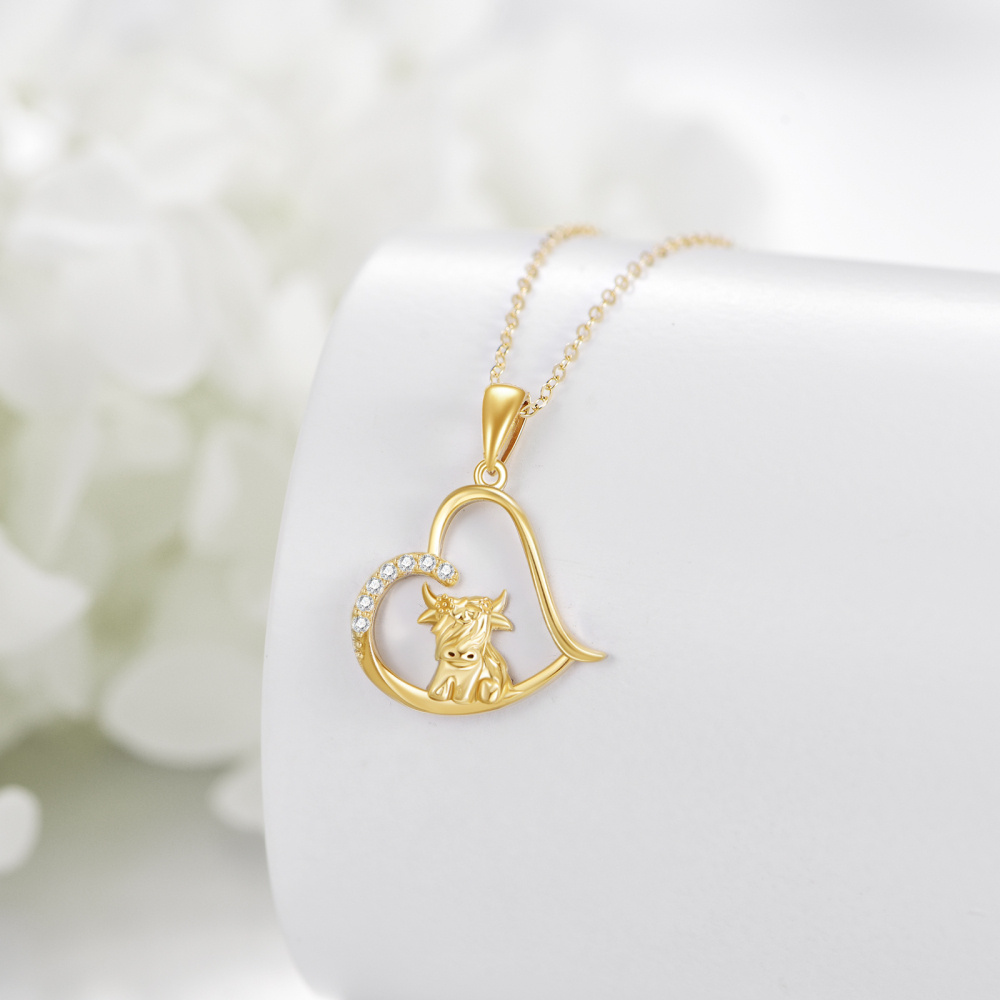 10K Gold Cubic Zirconia Highland Cow & Heart Pendant Necklace-4