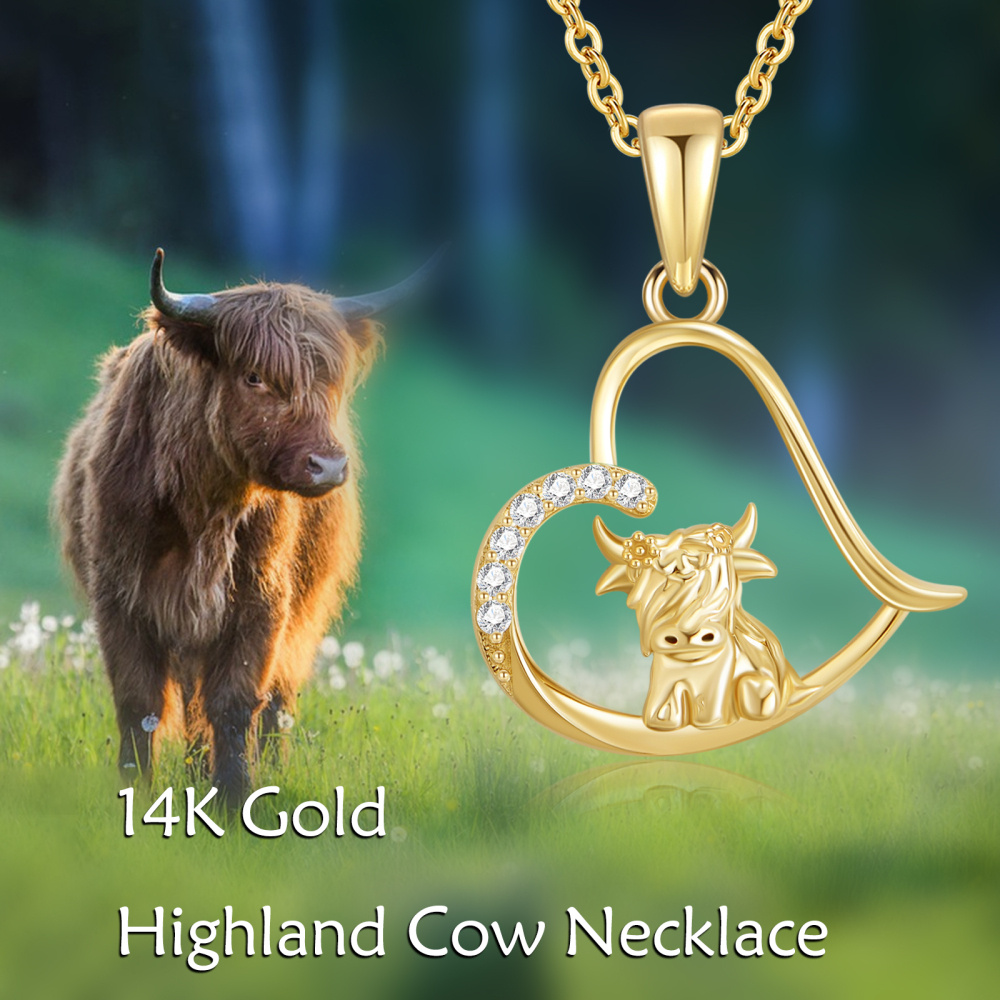 10K Gold Cubic Zirconia Highland Cow & Heart Pendant Necklace-6