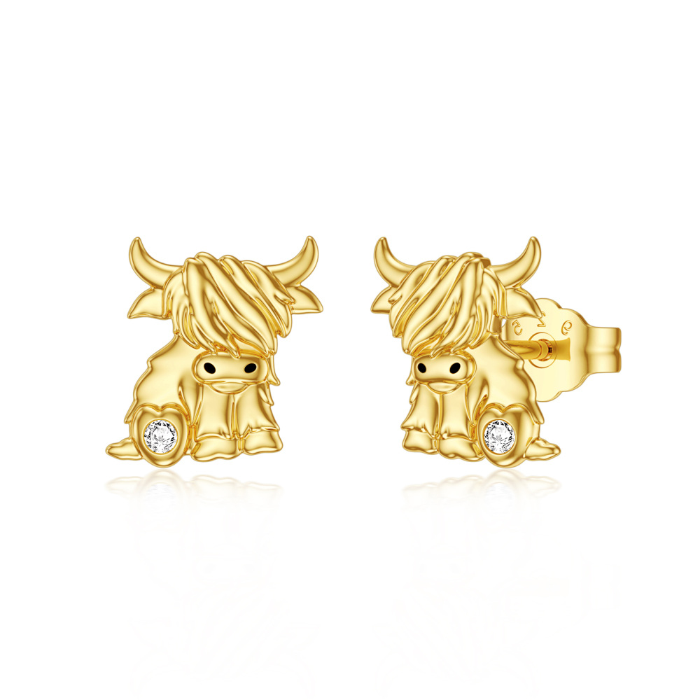 10K Gold Cubic Zirconia Highland Cow & Heart Stud Earrings-1