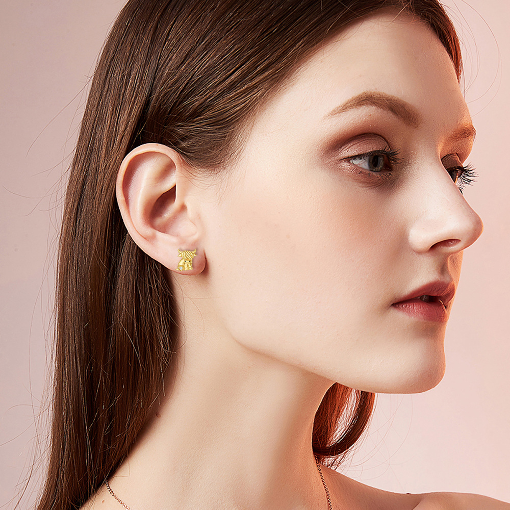 10K Gold Cubic Zirconia Highland Cow & Heart Stud Earrings-2