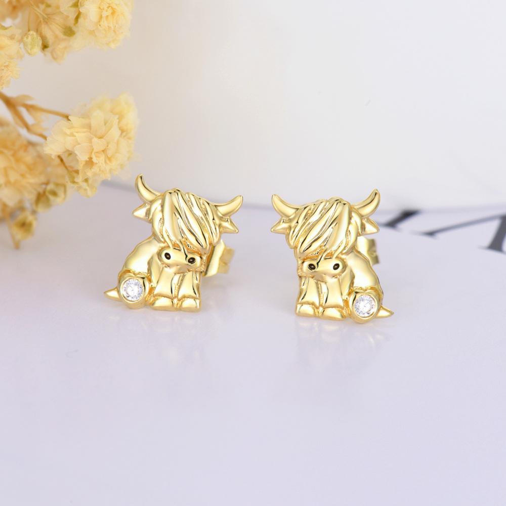 10K Gold Cubic Zirconia Highland Cow & Heart Stud Earrings-3