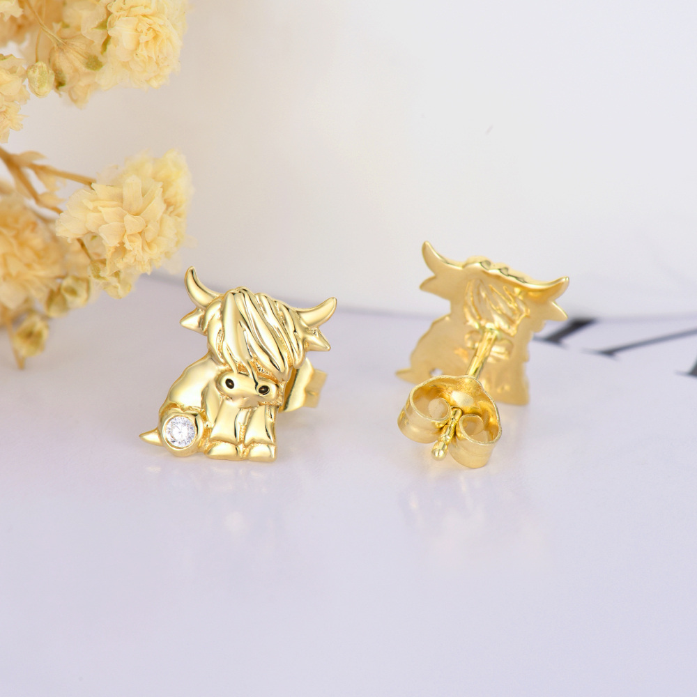 10K Gold Cubic Zirconia Highland Cow & Heart Stud Earrings-4