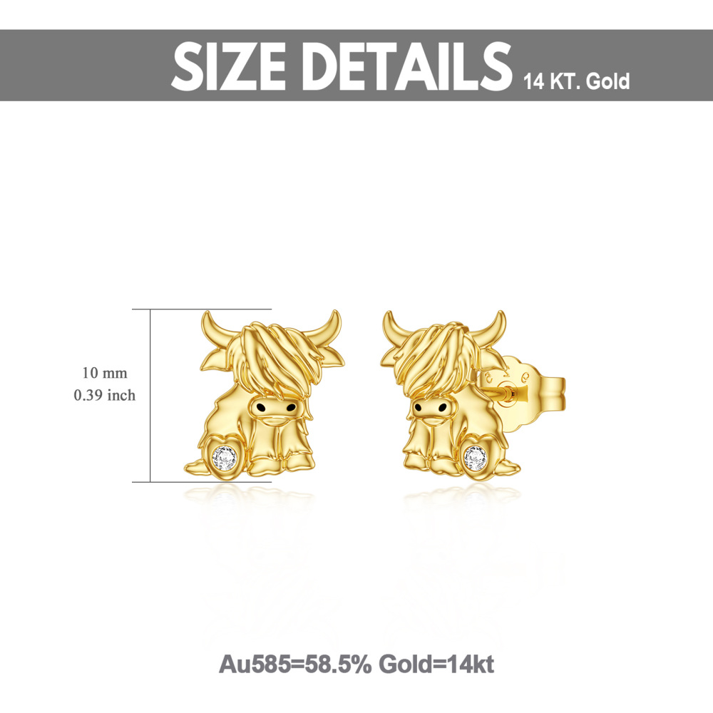 10K Gold Cubic Zirconia Highland Cow & Heart Stud Earrings-5
