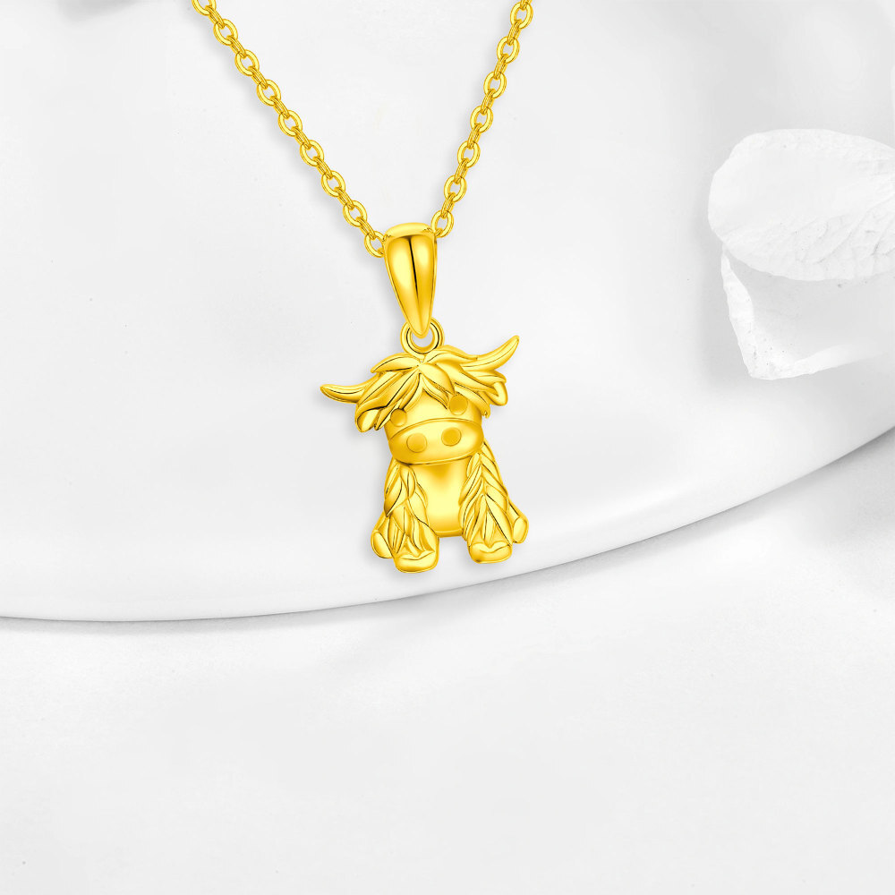 10K Gold Highland Cow Pendant Necklace with Cable Chain-3