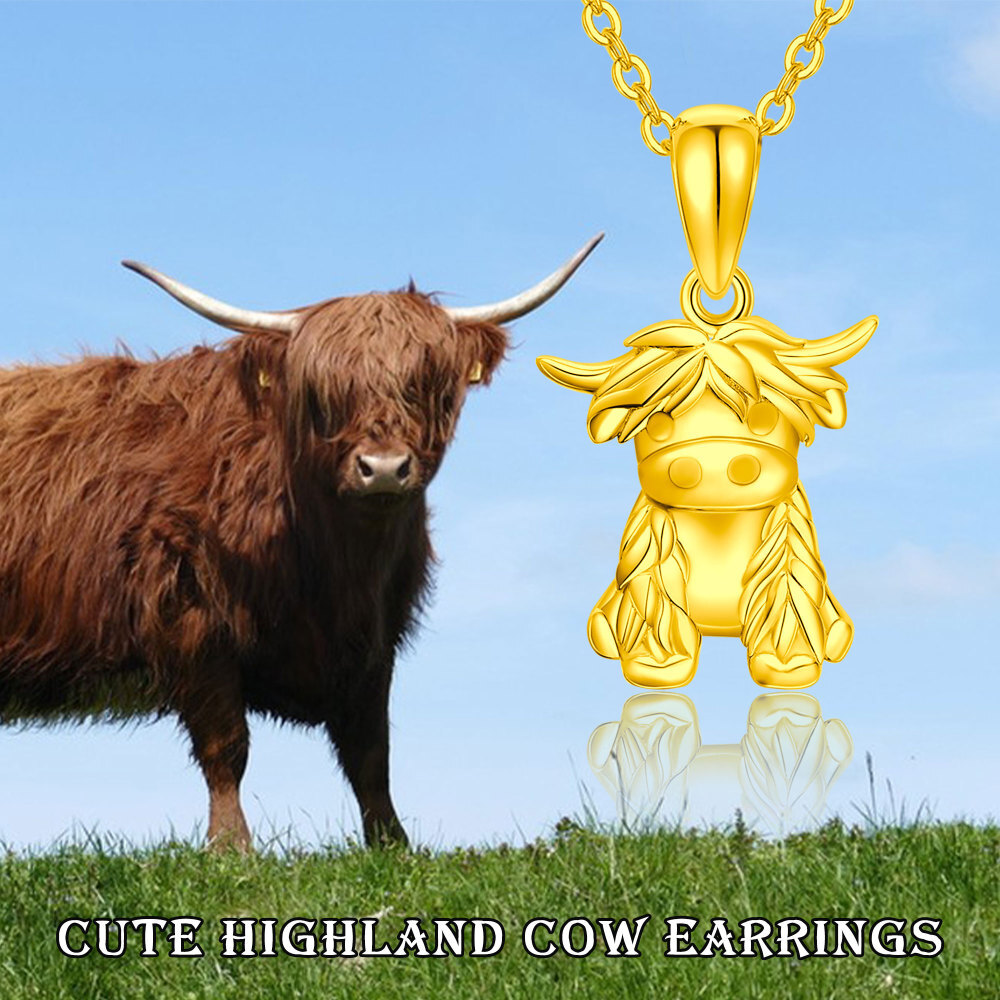 10K Gold Highland Cow Pendant Necklace with Cable Chain-5