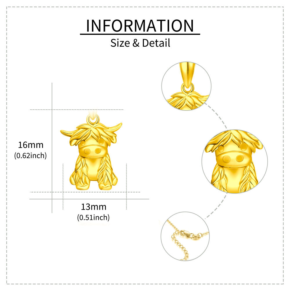 10K Gold Highland Cow Pendant Necklace with Cable Chain-6