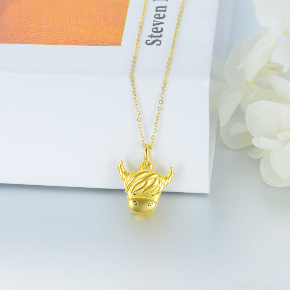 10K Gold Highland Cow Pendant Necklace-3