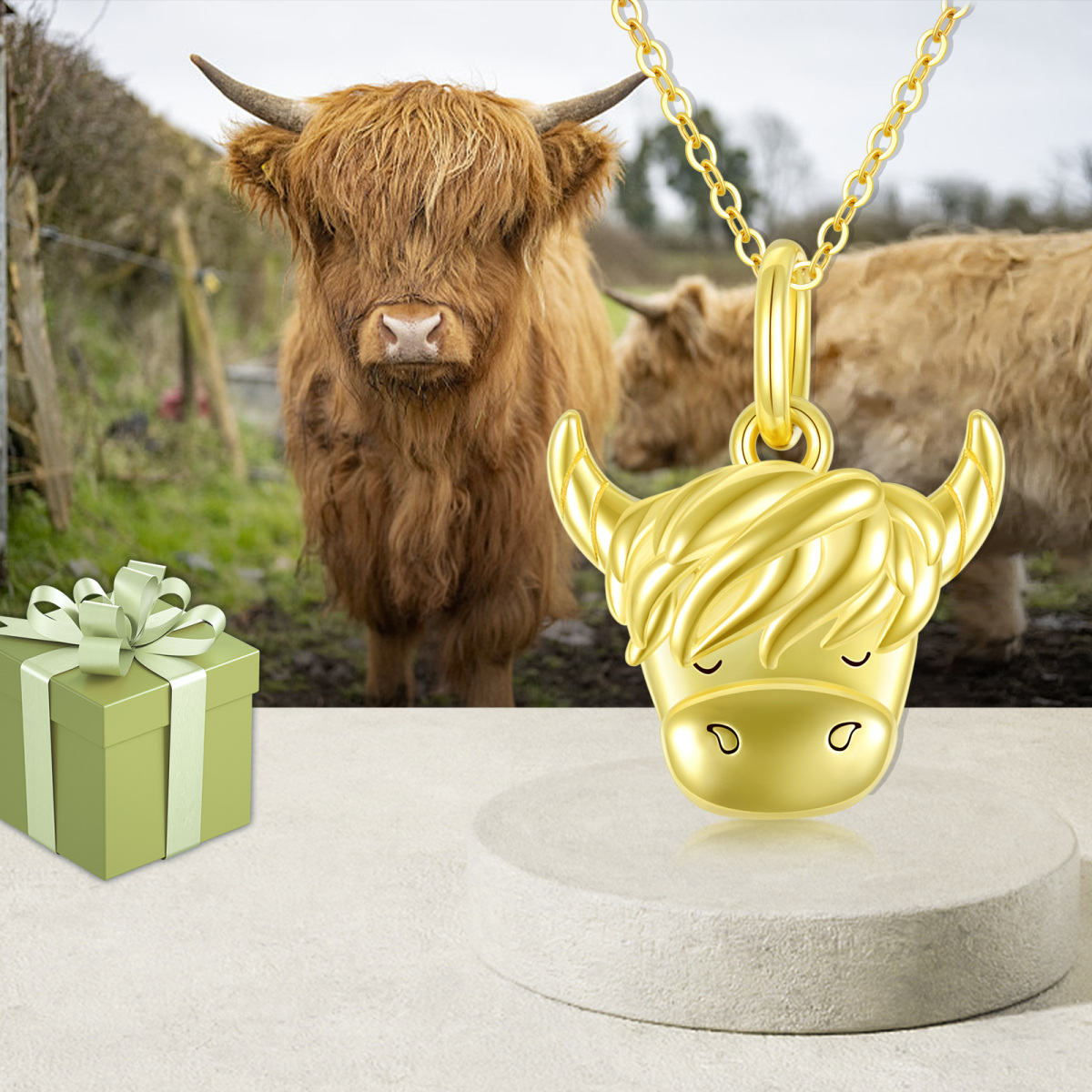 18K Gold Highland Cow Pendant Necklace-6