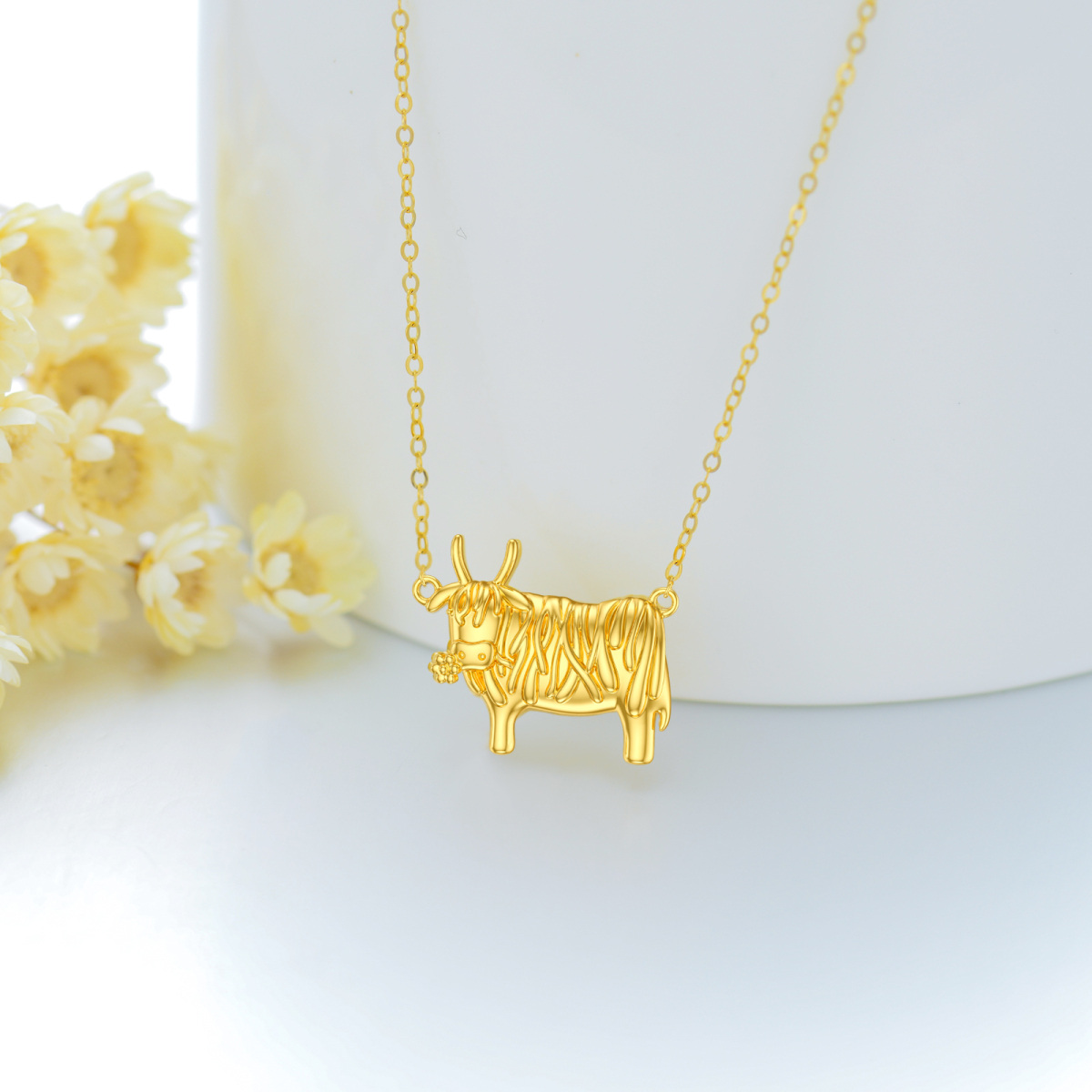 10K Gold Highland Cow Pendant Necklace-3