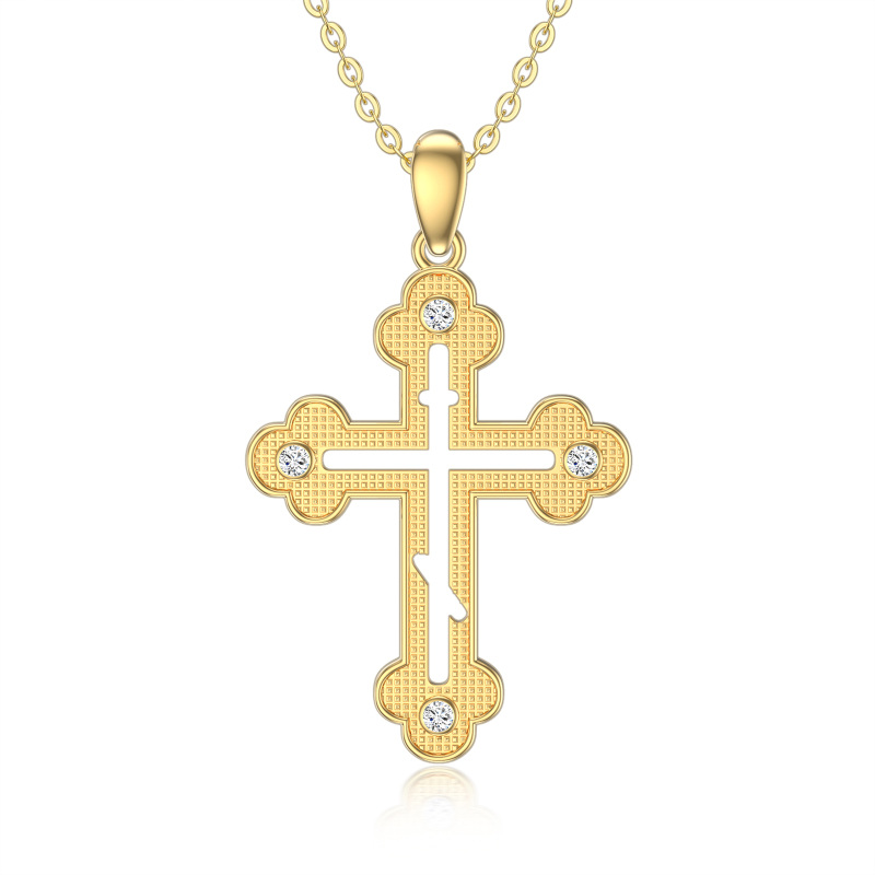 14K Gold Cubic Zirconia Hollow Cloud Cross Pendant Necklace