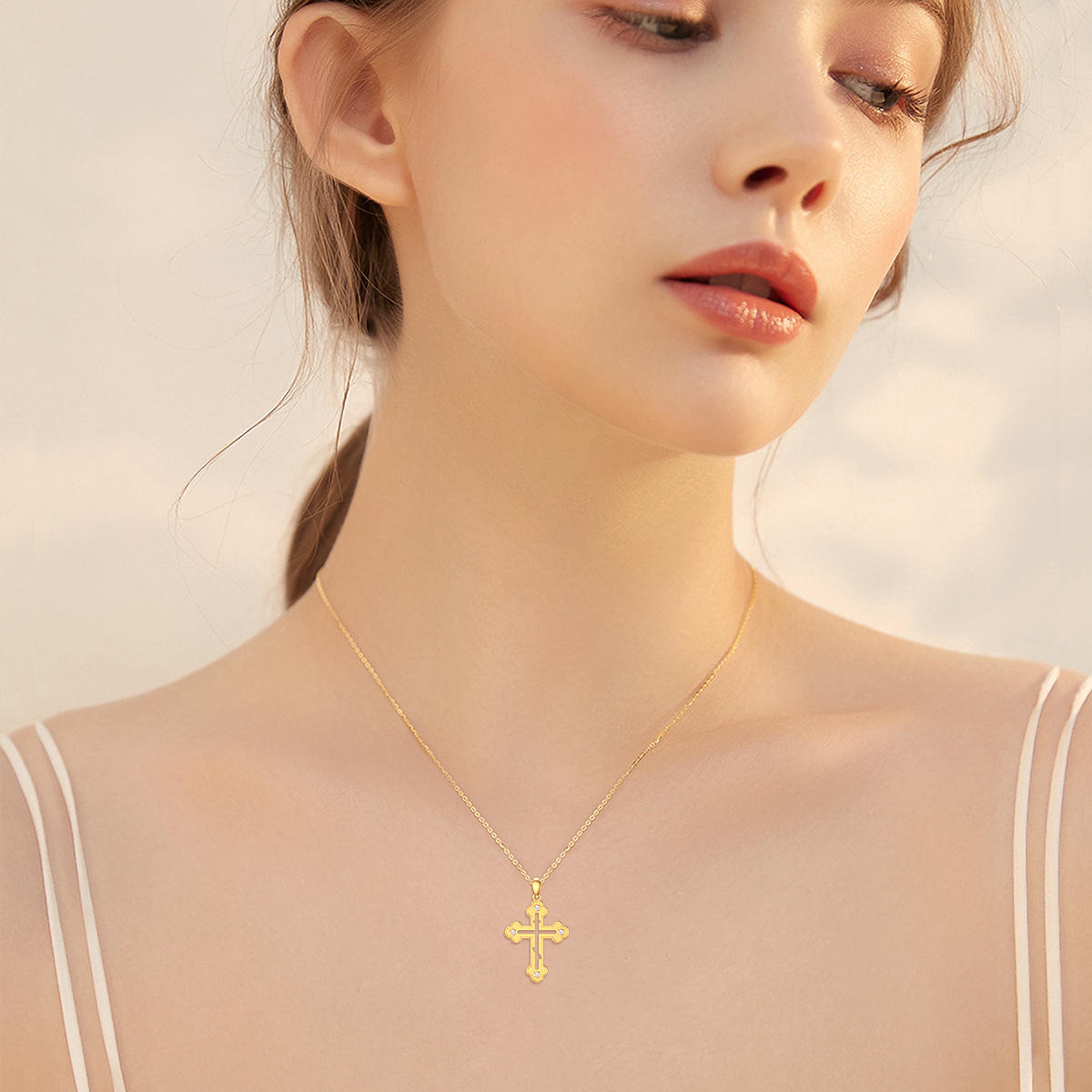 10K Gold Cubic Zirconia Hollow Cloud Cross Pendant Necklace-2