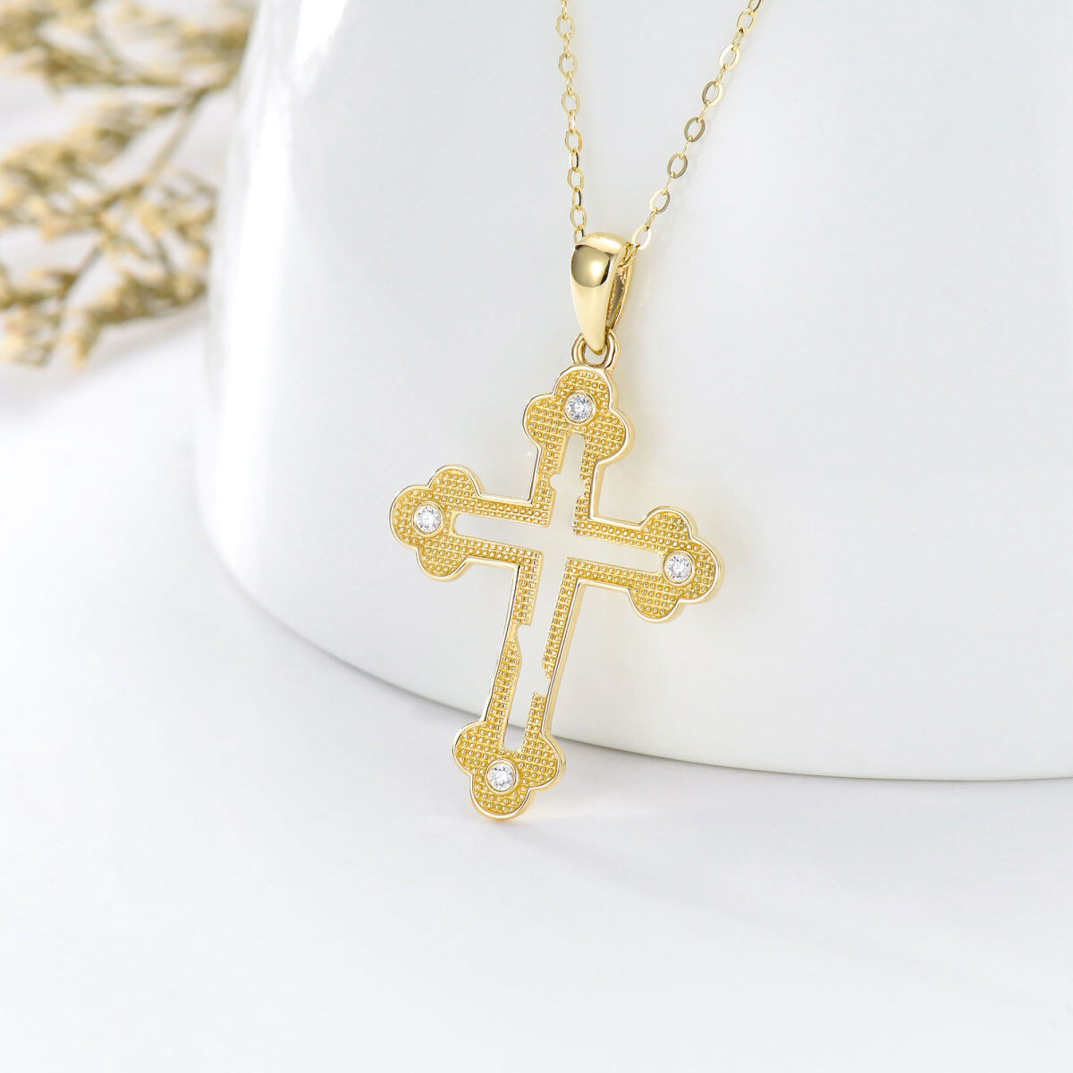 10K Gold Cubic Zirconia Hollow Cloud Cross Pendant Necklace-3