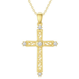 10K Gold Cubic Zirconia Hollow Cross Pendant Necklace-39