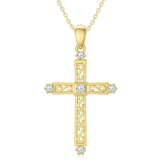 14K Gold Cubic Zirconia Hollow Cross Pendant Necklace