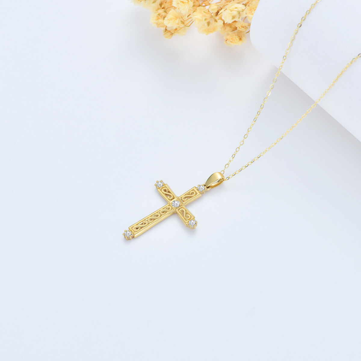 14K Gold Cubic Zirconia Hollow Cross Pendant Necklace-3