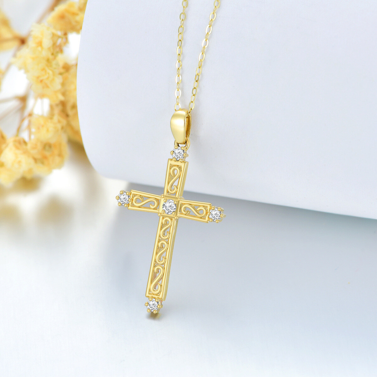 14K Gold Cubic Zirconia Hollow Cross Pendant Necklace-4