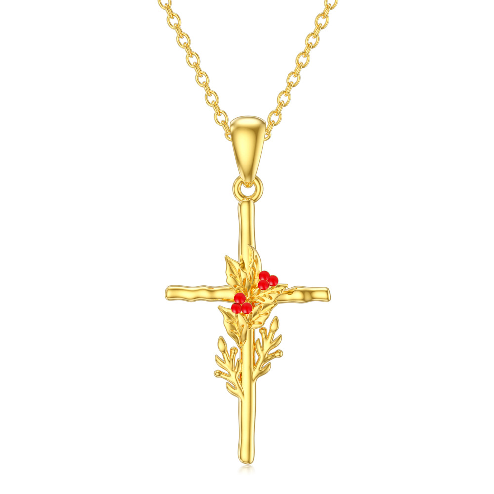 10K Gold Holly & Cross Pendant Necklace-1
