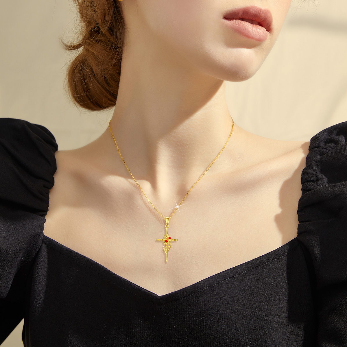 14K Gold Holly & Cross Pendant Necklace-2