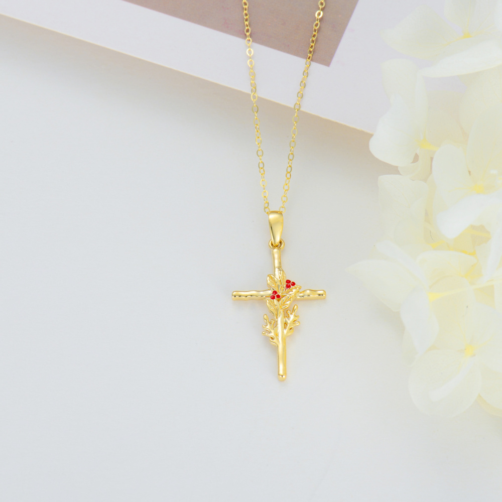 10K Gold Holly & Cross Pendant Necklace-4