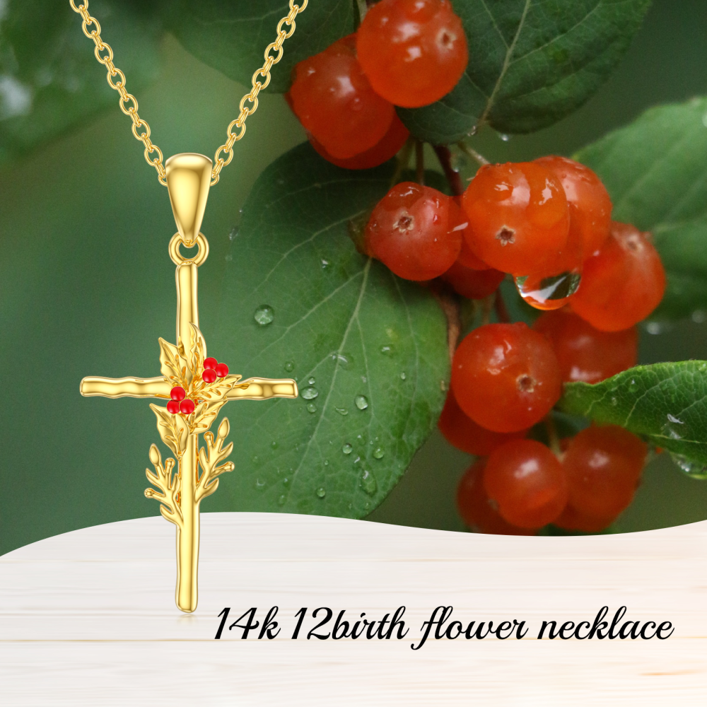 10K Gold Holly & Cross Pendant Necklace-6