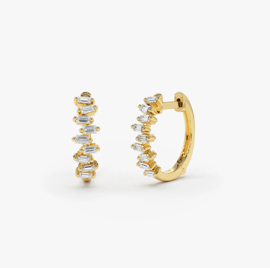 14K Gold Horizontal Set Mini Baguette Diamond Huggie