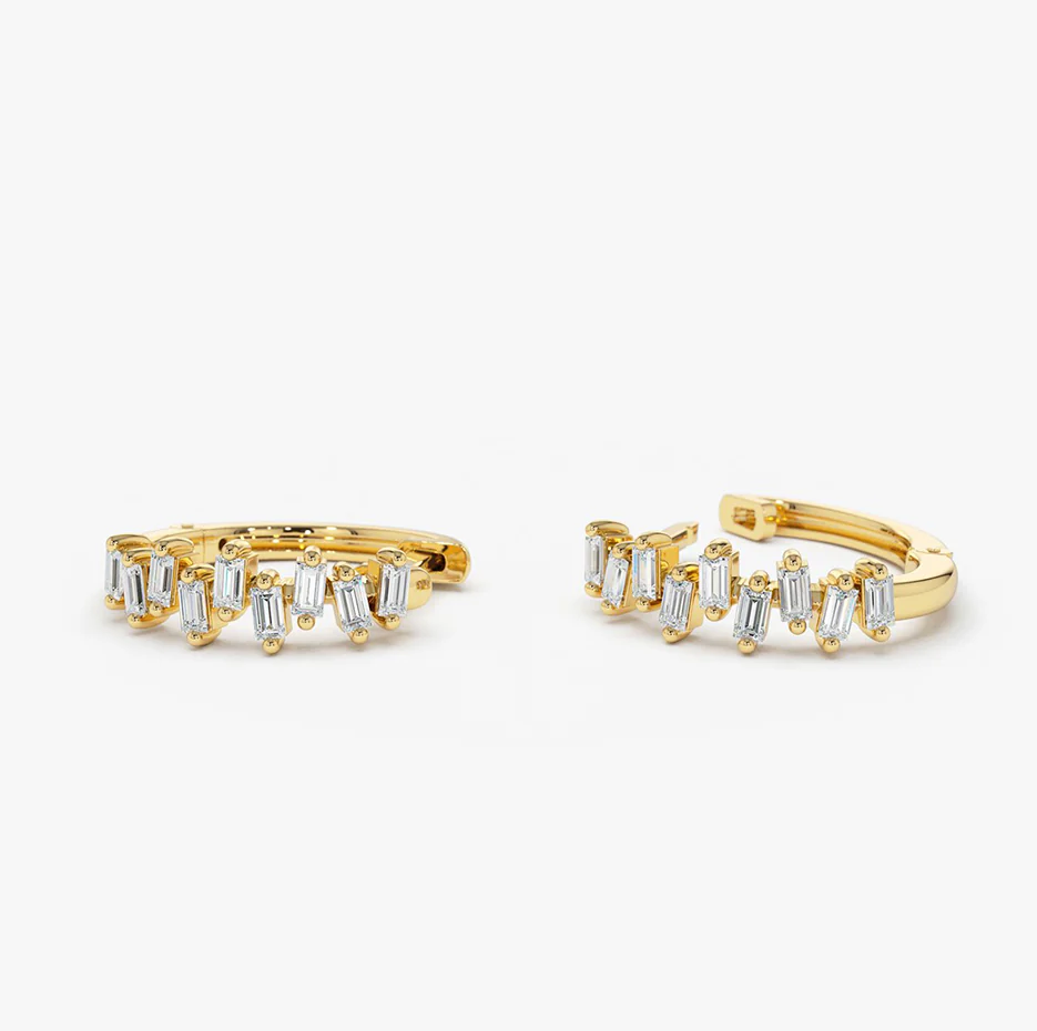 14K Gold Horizontal Set Mini Baguette Diamond Huggie-4