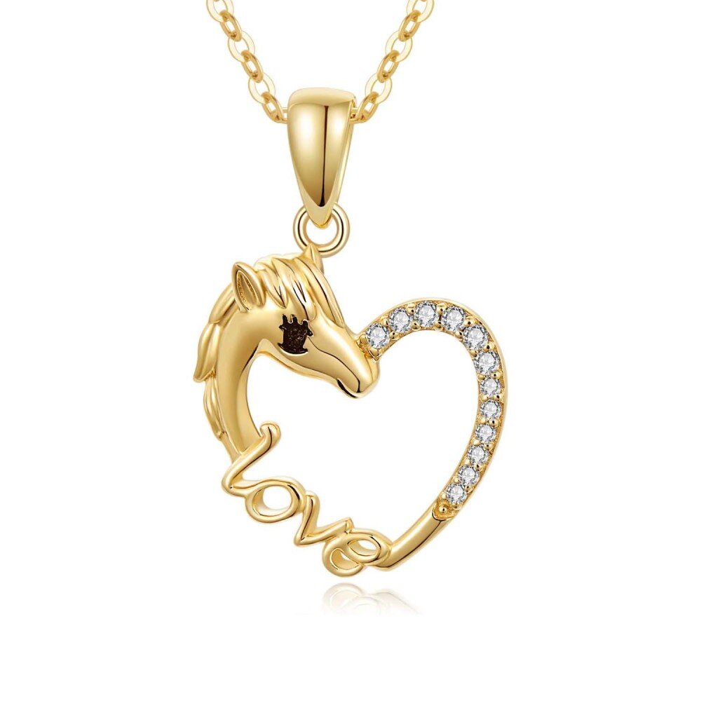 10K Gold Cubic Zirconia Horse Heart Necklace for Women-1