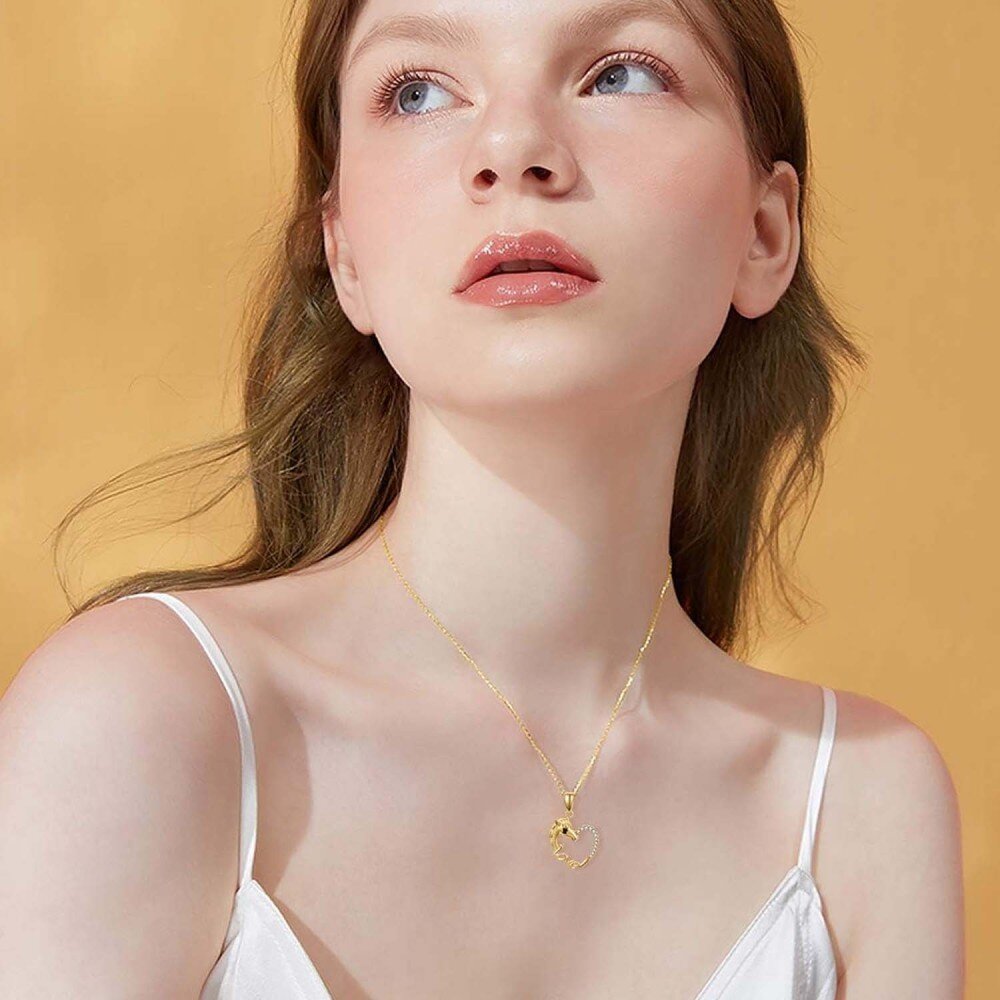 10K Gold Cubic Zirconia Horse Heart Necklace for Women-2