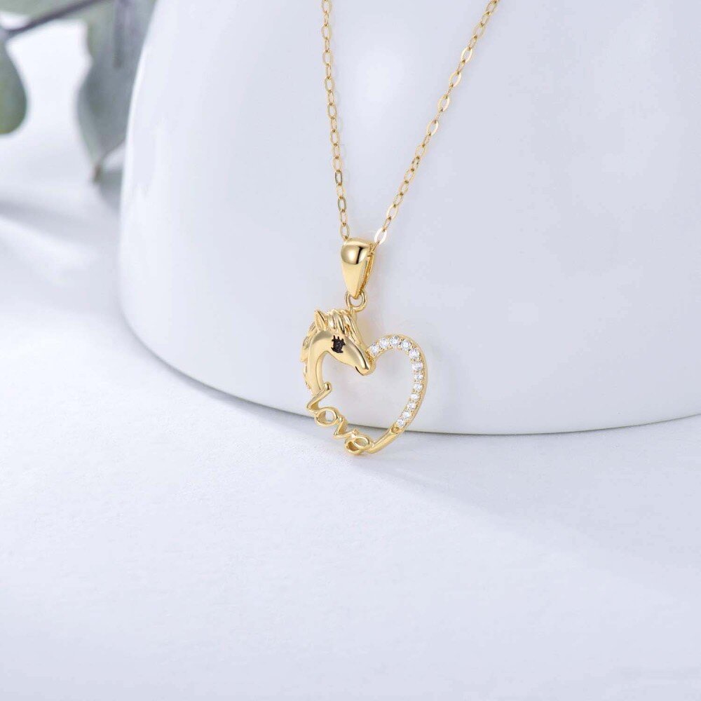 10K Gold Cubic Zirconia Horse Heart Necklace for Women-4