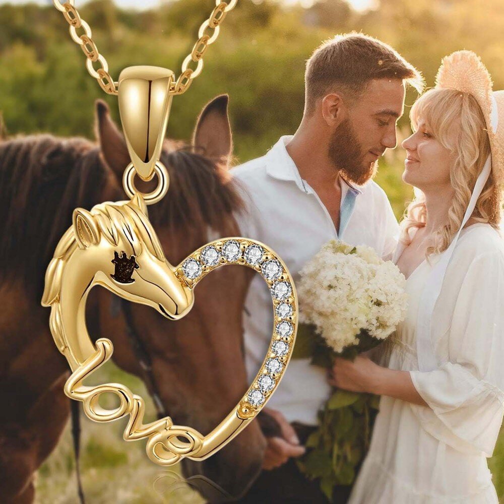10K Gold Cubic Zirconia Horse Heart Necklace for Women-6