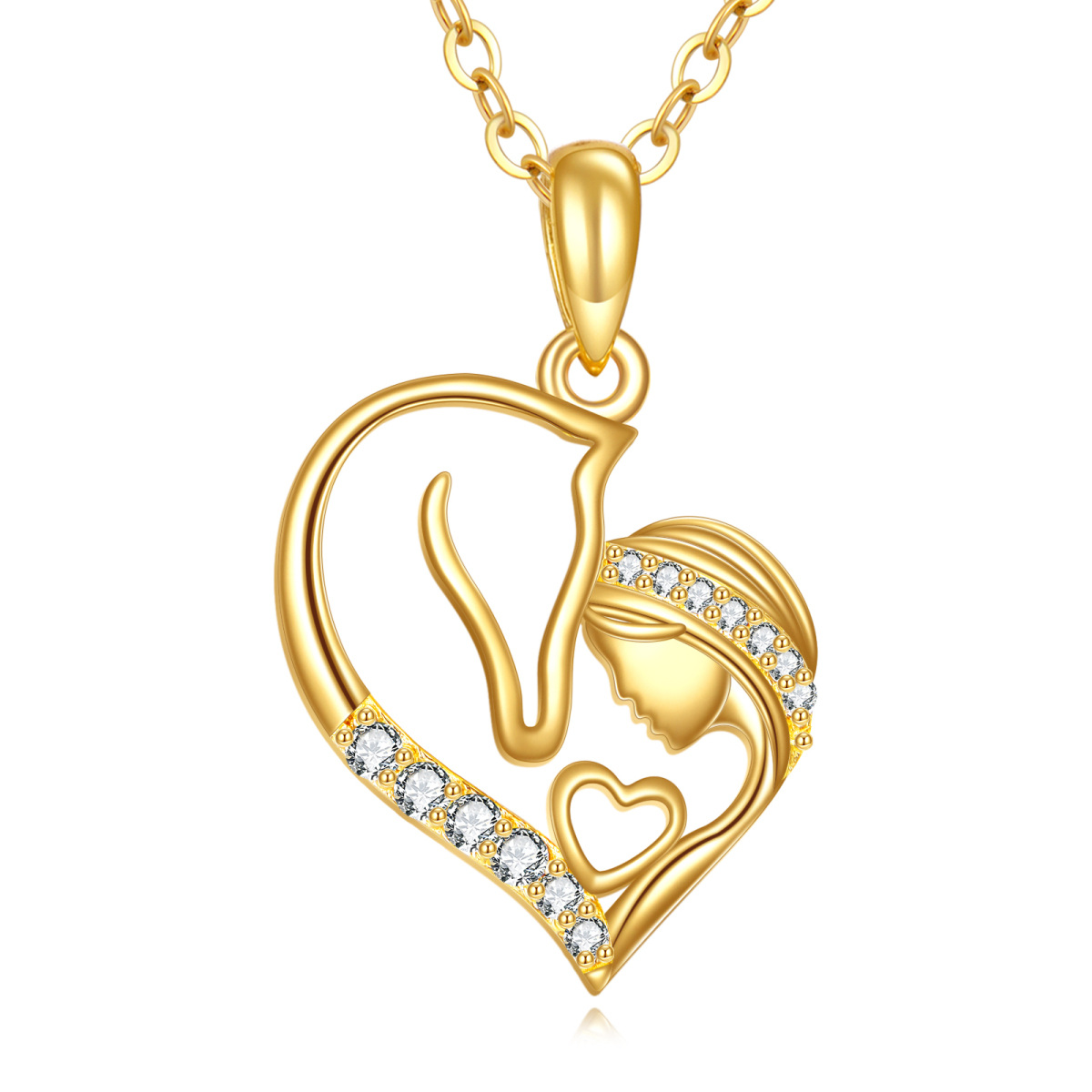 10K Gold Cubic Zirconia Horse & Heart Necklace for Women-1