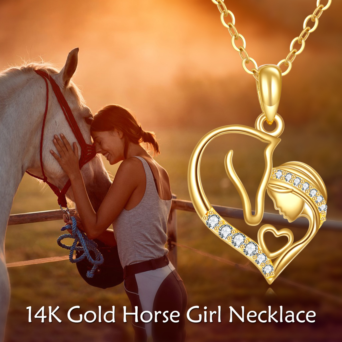 10K Gold Cubic Zirconia Horse & Heart Necklace for Women-6