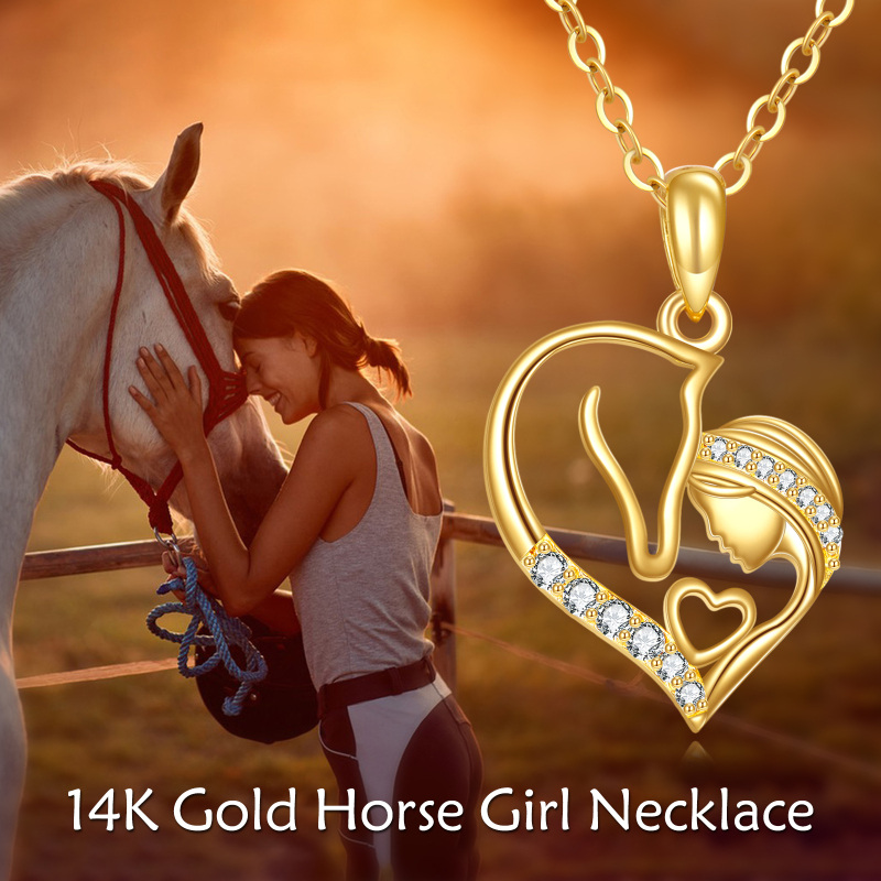 Collana con ciondolo a forma di cavallo e cuore in oro bianco 10K con zirconi cubici-6
