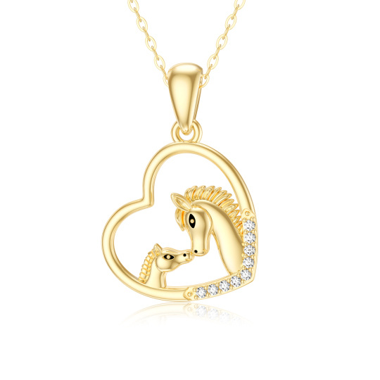 14K Gold Cubic Zirconia Horse & Heart Pendant Necklace