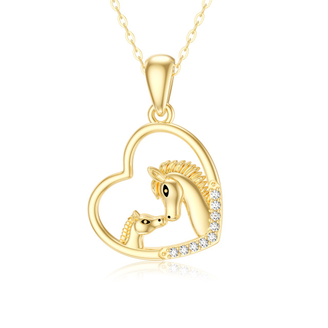 14K Gold Cubic Zirconia Horse & Heart Pendant Necklace-1