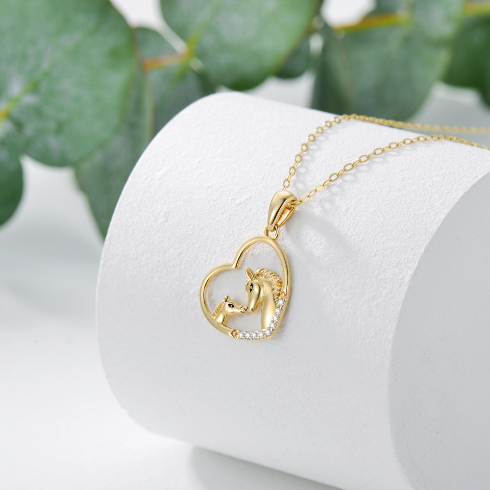 10K Gold Cubic Zirconia Horse & Heart Pendant Necklace-3