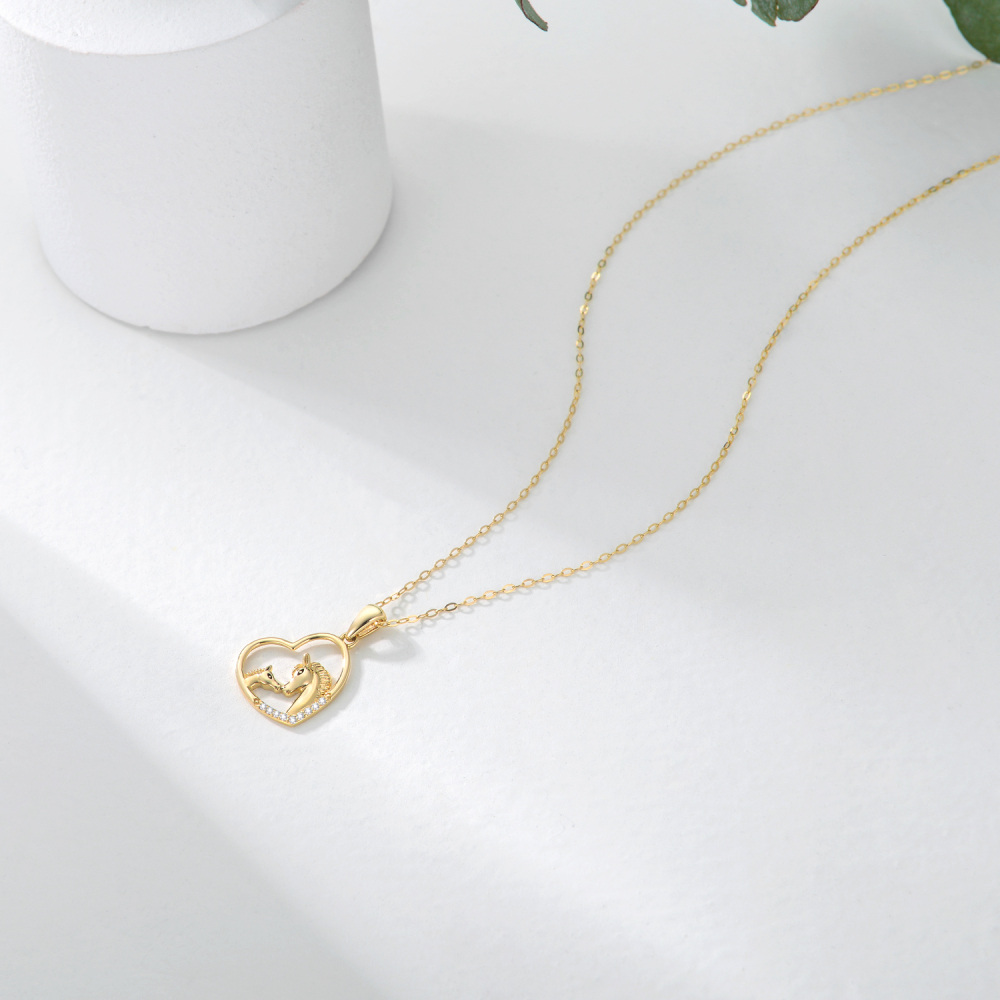 10K Gold Cubic Zirconia Horse & Heart Pendant Necklace-4