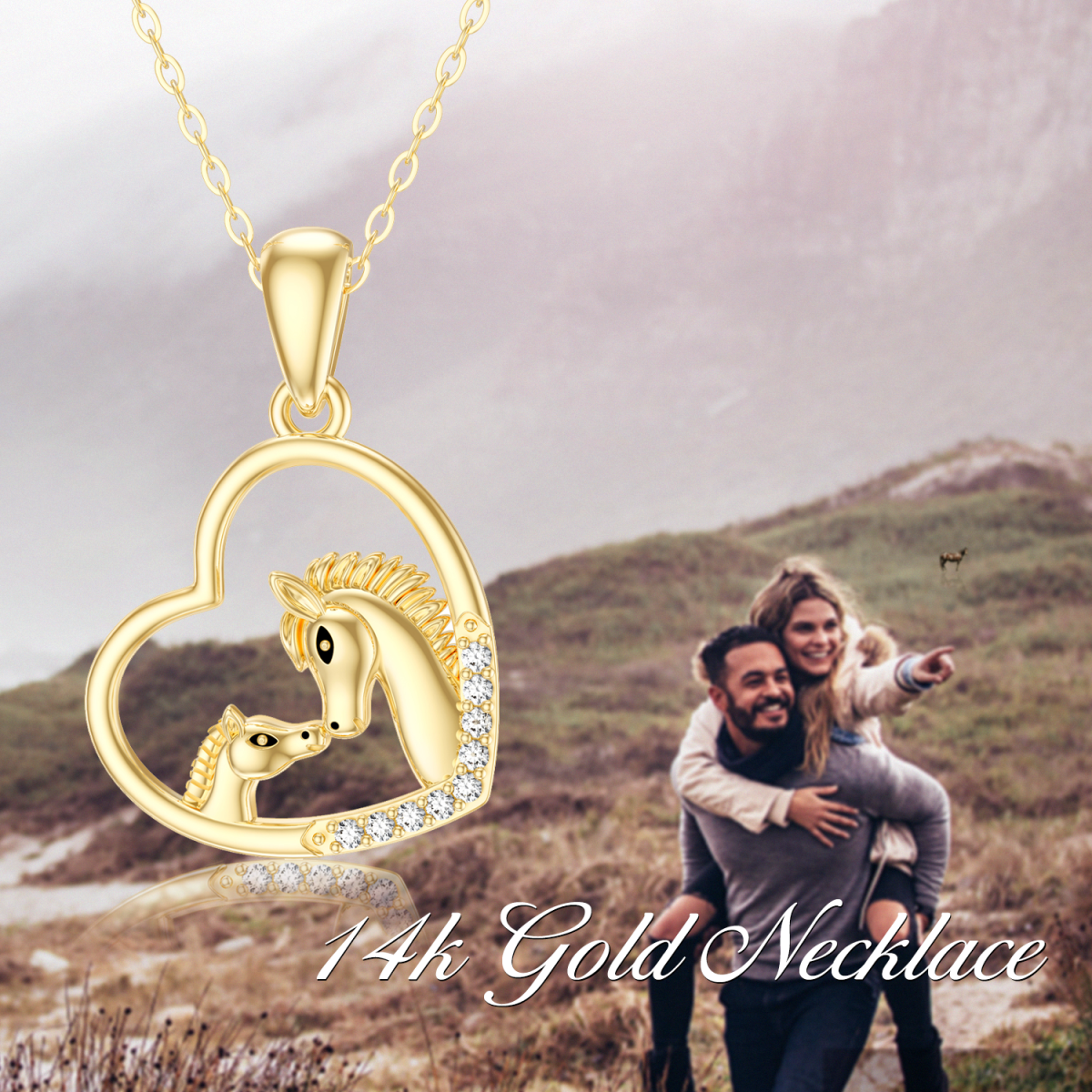 Collana con ciondolo a cuore e cavallo con zirconia cubica in oro 14K-5