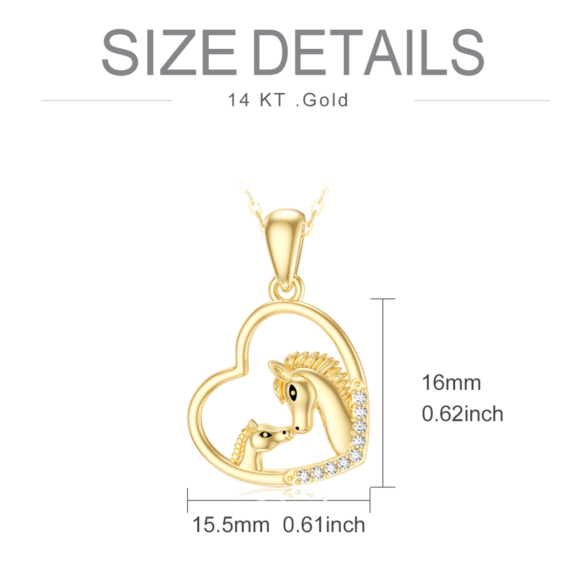 Collana con ciondolo a cuore e cavallo con zirconia cubica in oro 14K-6