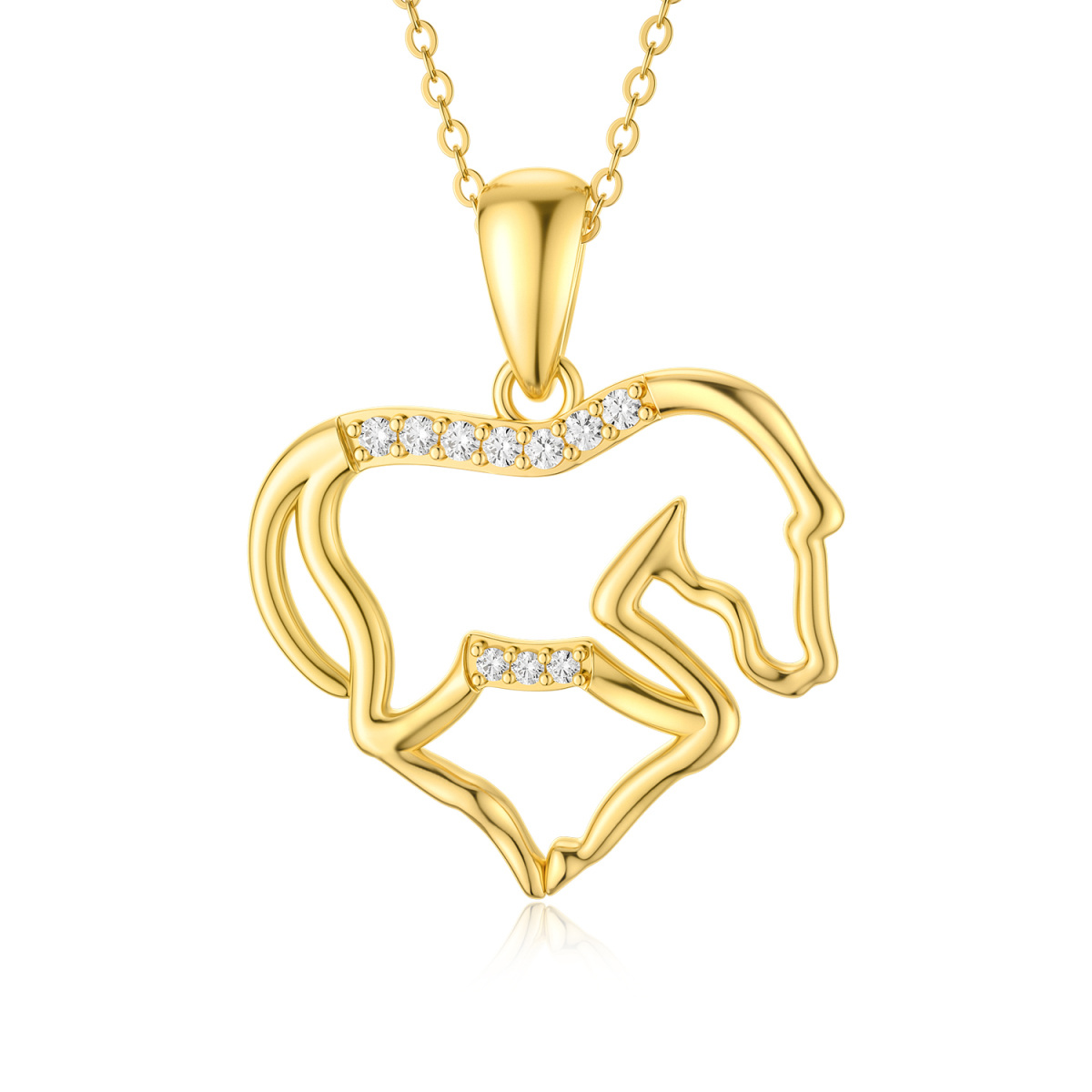 Colar de coração com pingente de cavalo delicado de zircônia cúbica em ouro amarelo 14K-1