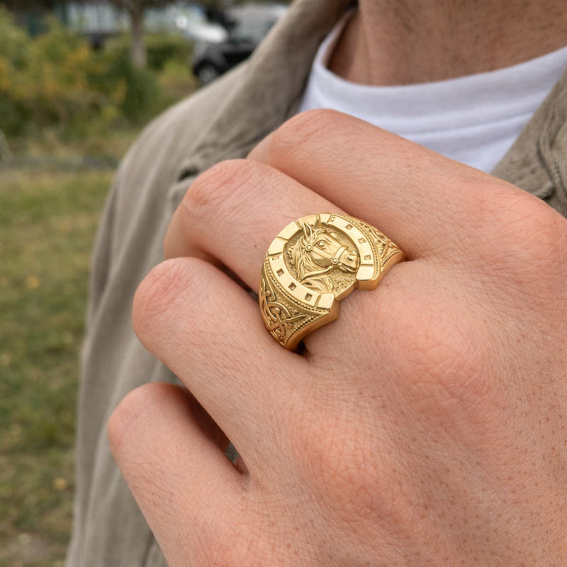 Anillo llamativo de caballo de oro de 14 quilates para hombres-2