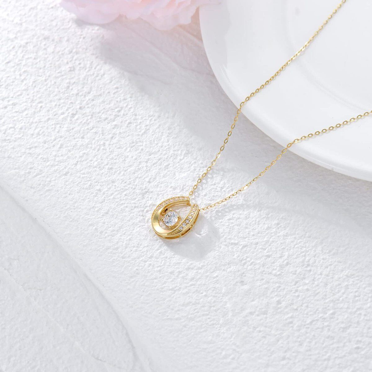 14K Gold Cubic Zirconia Horseshoe Pendant Necklace-3