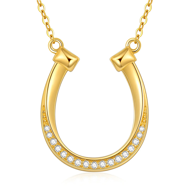 Collier avec pendentif en forme de fer à cheval en or 14 carats et zircone cubique-1