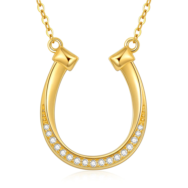 14K Gold Cubic Zirconia Horseshoe Pendant Necklace-1