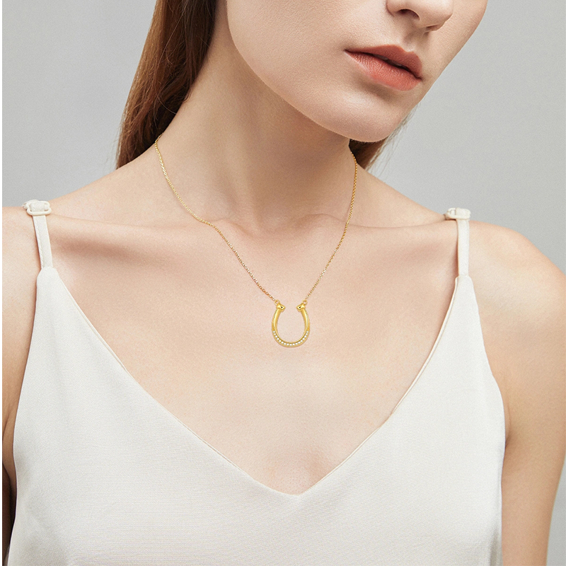 10K Gold Cubic Zirconia Horseshoe Pendant Necklace-2