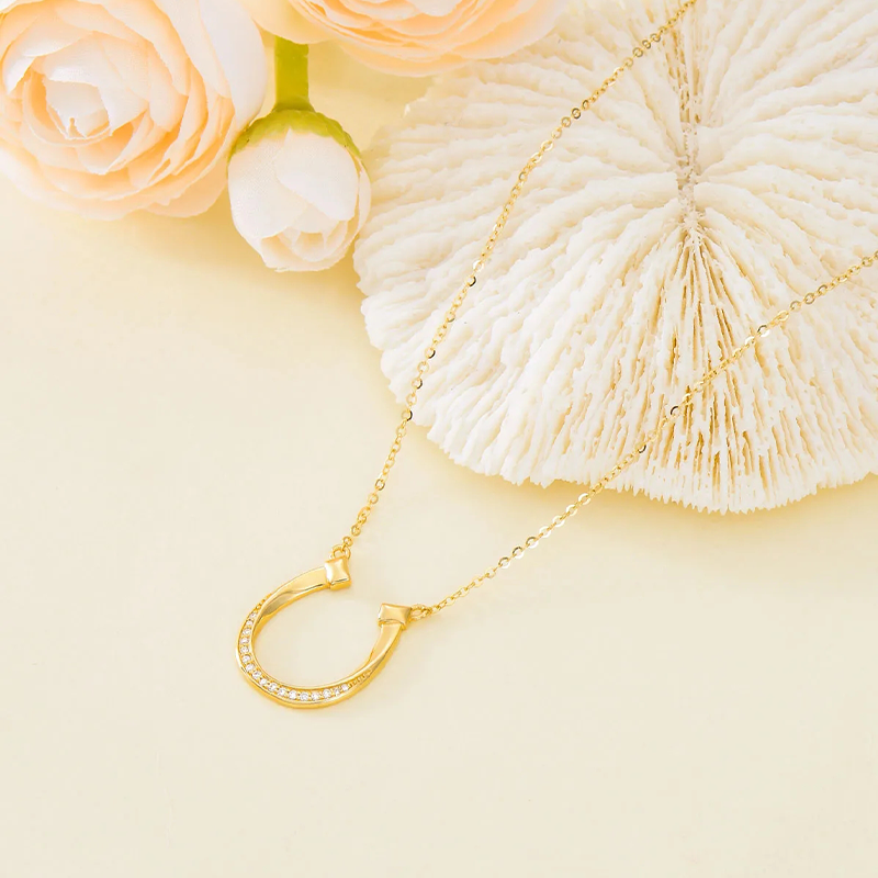 10K Gold Cubic Zirconia Horseshoe Pendant Necklace-3